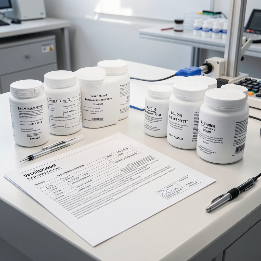 Quality-control workbench with batch-coded supplement containers and verification paperwork arranged systematically under bright studio lighting