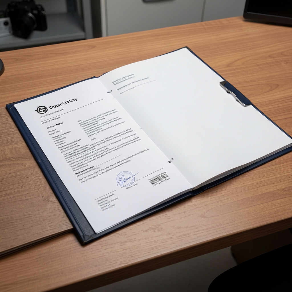 Supplier documentation folder open on a desk with a chain-of-custody certificate visible under controlled studio lighting
