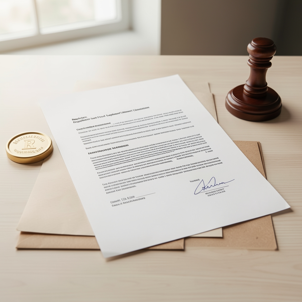 Regulatory food-supplement classification paperwork on a clean desk with an official stamp and a notary seal visible