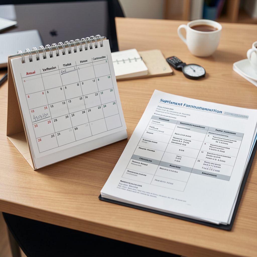 Annual re-verification calendar notation on a desk alongside a supplement formulation folder with updated analysis results