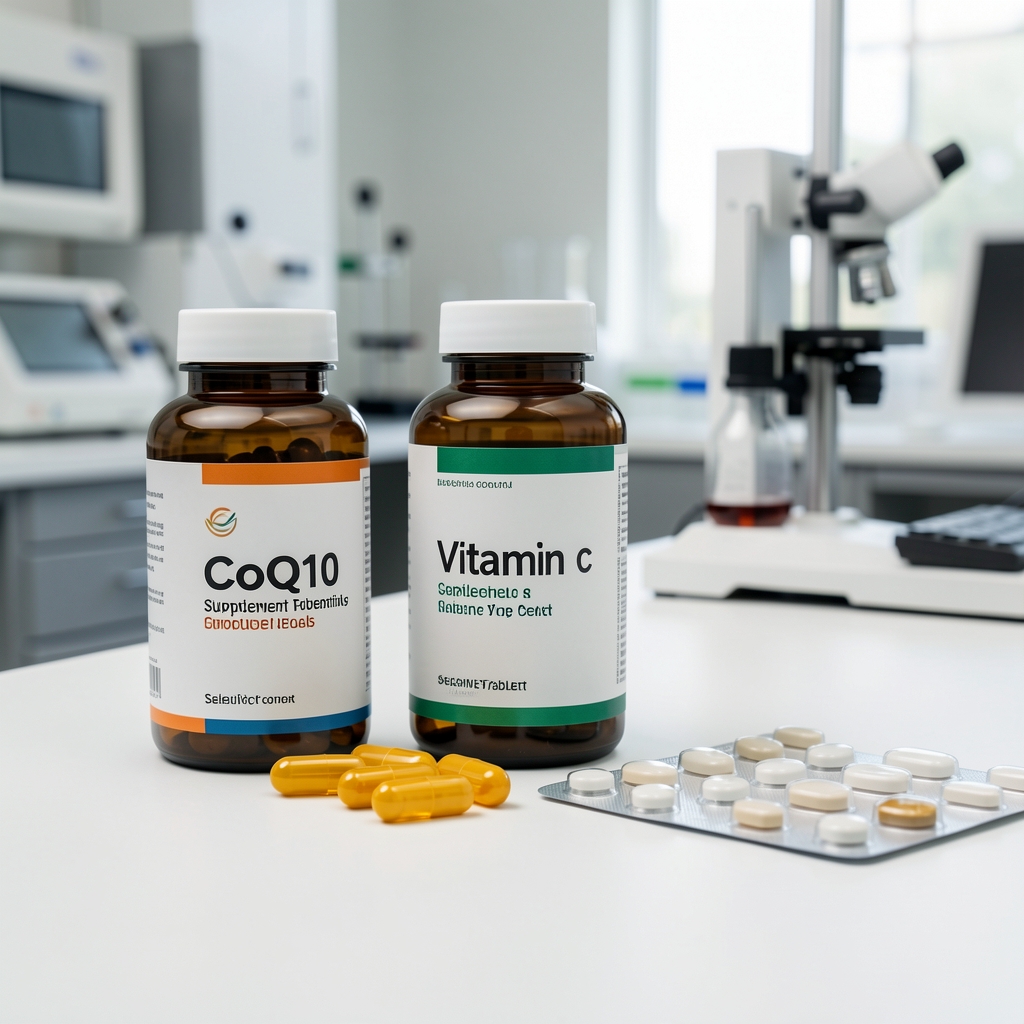 Wellness essentials collection including CoQ10 supplement, Vitamin C capsules, and selenium tablets arranged in a quality-control environment